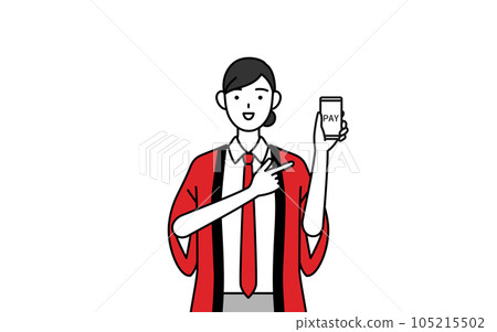 A saleswoman wearing a red happi coat recommending cashless and online payment with a smartphone A saleswoman wearing a red happi coat recommending cashless and online payment with a smartphone 105215502