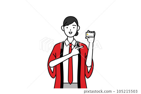 A saleswoman wearing a red happi coat recommending credit card payment 105215503