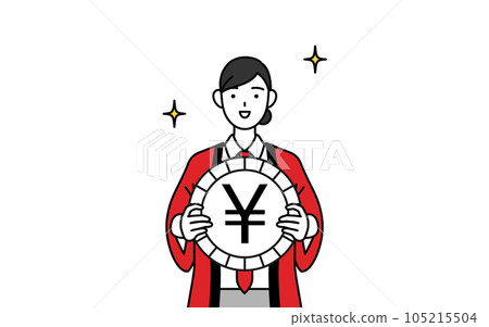 An image of foreign exchange gains and a strong yen, a saleswoman wearing a red happi coat An image of foreign exchange gains and a strong yen, a saleswoman wearing a red happi coat 105215504