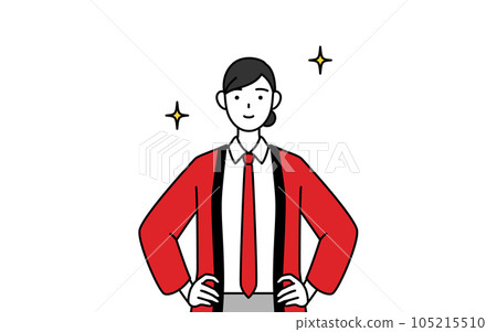 A saleswoman wearing a red happi coat with her hands on her hips A saleswoman wearing a red happi coat with her hands on her hips 105215510