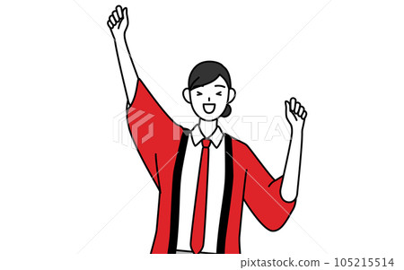 A saleswoman wearing a red happi coat jumping with a smile 105215514