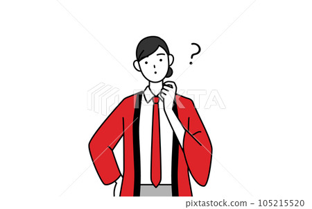 A saleswoman wearing a red happi coat tilting her head in doubt A saleswoman wearing a red happi coat tilting her head in doubt 105215520