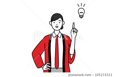 A saleswoman wearing a red happi coat who came up with an idea A saleswoman wearing a red happi coat who came up with an idea 105215521