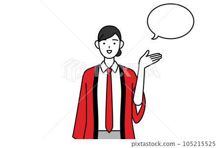 A female sales clerk wearing a red happi coat giving guidance with a speech bubble 105215525