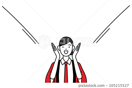 A saleswoman wearing a red happi coat with her hand on her mouth 105215527