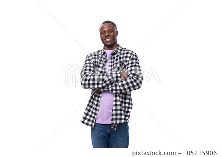 positive smiling young african man with short haircut in plaid shirt isolated on white background 105215906