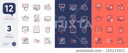 Set of Loyalty ticket, Report and Payment line icons. Include Shopping basket, Loyalty star, Payment click icons. Report statistics, Travel loan, Wallet web elements. Coins bags. Vector Set of Loyalty ticket, Report and Payment line icons. Include Shopping basket, Loyalty star, Payment click icons. Report statistics, Travel loan, Wallet web elements. Coins bags. Vector 105215921