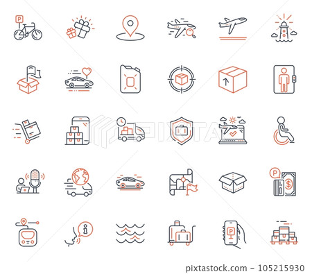 Transportation icons set. Included icon as Boxes pallet, Gift and Search flight web elements. Delivery service, Package, Open box icons. Lighthouse, Departure plane, Parcel tracking web signs. Vector Transportation icons set. Included icon as Boxes pallet, Gift and Search flight web elements. Delivery service, Package, Open box icons. Lighthouse, Departure plane, Parcel tracking web signs. Vector 105215930