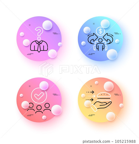 Food delivery, Hiring employees and Approved group minimal line icons. 3d spheres or balls buttons. Sharing economy icons. For web, application, printing. Vector Food delivery, Hiring employees and Approved group minimal line icons. 3d spheres or balls buttons. Sharing economy icons. For web, application, printing. Vector 105215988