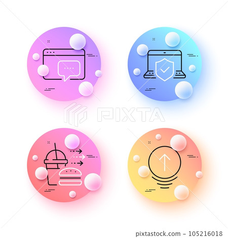 Swipe up, Seo message and Laptop insurance minimal line icons. 3d spheres or balls buttons. Food delivery icons. For web, application, printing. Scrolling page, Support chat, Full coverage. Vector 105216018