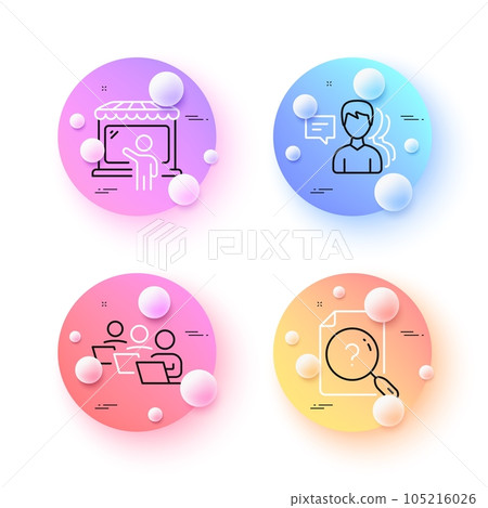 Teamwork, Market seller and Search document minimal line icons. 3d spheres or balls buttons. People icons. For web, application, printing. Remote work, Store buyer, Questionnaire. Support job. Vector Teamwork, Market seller and Search document minimal line icons. 3d spheres or balls buttons. People icons. For web, application, printing. Remote work, Store buyer, Questionnaire. Support job. Vector 105216026