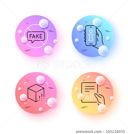 Fake news, Document and Info app minimal line icons. 3d spheres or balls buttons. Augmented reality icons. For web, application, printing. Stop lying, File with diagram, Smartphone information. Vector 105216035