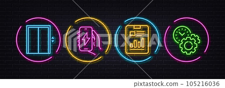 Report document, Lift and Charging app minimal line icons. Neon laser 3d lights. Time management icons. For web, application, printing. Page with charts, Elevator, Smartphone charger. Settings. Vector 105216036