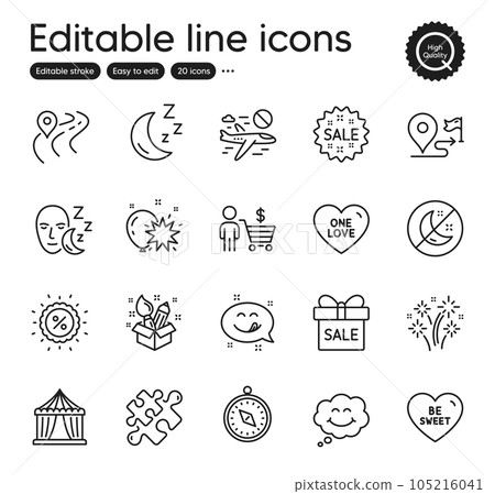 Set of Holidays outline icons. Contains icons as Fireworks, Buyer and Road elements. Sleep, Journey, Moon web signs. Discount, Puzzle, Sale offer elements. Be sweet, Balloon dart, One love. Vector 105216041