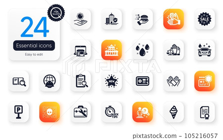 Set of Business flat icons. Search employee, Cyber attack and Apartment insurance elements for web application. Global engineering, Certificate diploma, Sun protection icons. Ice cream. Vector 105216057