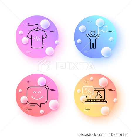 Dry t-shirt, Leadership and Online loan minimal line icons. 3d spheres or balls buttons. Smile chat icons. For web, application, printing. Laundry shirt, Winner flag, Discount percent. Vector Dry t-shirt, Leadership and Online loan minimal line icons. 3d spheres or balls buttons. Smile chat icons. For web, application, printing. Laundry shirt, Winner flag, Discount percent. Vector 105216161