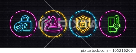Shield, Water bowl and Verified locker minimal line icons. Neon laser 3d lights. Refrigerator icons. For web, application, printing. Secure lock, Pets feeding, Protection locker. Vector Shield, Water bowl and Verified locker minimal line icons. Neon laser 3d lights. Refrigerator icons. For web, application, printing. Secure lock, Pets feeding, Protection locker. Vector 105216200