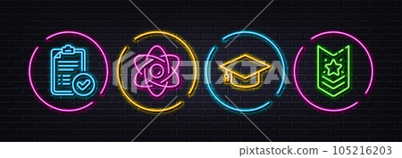 Atom core, Graduation cap and Approved report minimal line icons. Neon laser 3d lights. Shoulder strap icons. For web, application, printing. Nuclear power, University, Verification document. Vector Atom core, Graduation cap and Approved report minimal line icons. Neon laser 3d lights. Shoulder strap icons. For web, application, printing. Nuclear power, University, Verification document. Vector 105216203