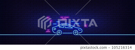 Neon light glow effect. Car transport line icon. Transportation vehicle sign. Driving symbol. 3d line neon glow icon. Brick wall banner. Car outline. Vector Neon light glow effect. Car transport line icon. Transportation vehicle sign. Driving symbol. 3d line neon glow icon. Brick wall banner. Car outline. Vector 105216314