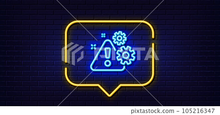 Neon light speech bubble. Warning line icon. Attention triangle sign. Caution alert symbol. Neon light background. Warning glow line. Brick wall banner. Vector Neon light speech bubble. Warning line icon. Attention triangle sign. Caution alert symbol. Neon light background. Warning glow line. Brick wall banner. Vector 105216347