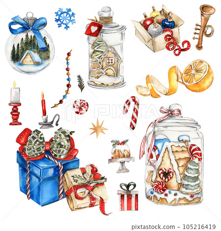 Glass bottle with gingerbread house inside. Watercolor hand drawn illustartion. New Year's card, perfect for wedding, invitations, blogs, card templates, birthday , patterns, quotes. 105216419