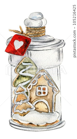 Glass bottle with gingerbread house inside. Watercolor hand drawn illustartion. New Year's card, perfect for wedding, invitations, blogs, card templates, birthday , patterns, quotes. 105216425