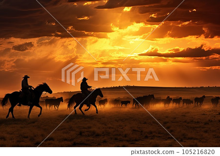 Two cowboys during the distillation of the herd. 105216820