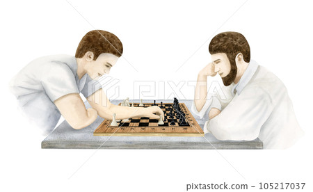 Chess players sitting at the table playing chess, making move and thinking watercolor illustration isolated on white background. Hand drawn board game tournament template 105217037