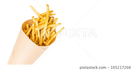 French fries wrapped in paper on white background French fries wrapped in paper on white background 105217208