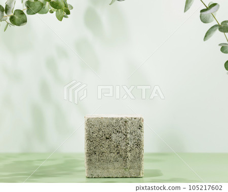 Empty podium on blue background with eucalyptus leaves and shadows. Show case for natural cosmetic products. Concept scene stage for new product, promotion sale and presentation. Front view Empty podium on blue background with eucalyptus leaves and shadows. Show case for natural cosmetic products. Concept scene stage for new product, promotion sale and presentation. Front view 105217602