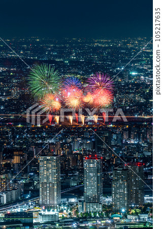 Tokyo night view and Adachi fireworks Tokyo night view and Adachi fireworks 105217635
