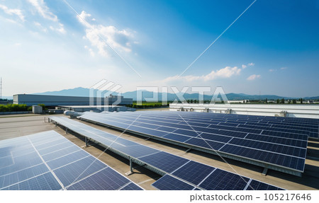 Solar panels on factory.Architectural detail of metal roofing on commercial construction Solar panels or Solar cells on factory rooftop or terrace with sun light, Industry. Solar panels on factory.Architectural detail of metal roofing on commercial construction Solar panels or Solar cells on factory rooftop or terrace with sun light, Industry. 105217646
