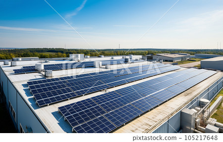 Solar panels on factory.Architectural detail of metal roofing on commercial construction Solar panels or Solar cells on factory rooftop or terrace with sun light, Industry. 105217648