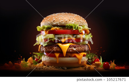 Juicy American burger, hamburger or cheeseburger with two beef patties, with sauce and basked on a black background. Concept of American fast food. Copy space Juicy American burger, hamburger or cheeseburger with two beef patties, with sauce and basked on a black background. Concept of American fast food. Copy space 105217671