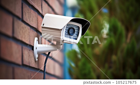 CCTV security camera system being used for surveillance purposes placed on a brick wall with copy space, safety at home. security camera CCTV security camera system being used for surveillance purposes placed on a brick wall with copy space, safety at home. security camera 105217675