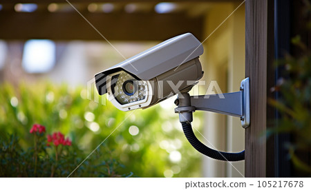 CCTV security camera system being used for surveillance purposes placed on a brick wall with copy space, safety at home. security camera 105217678