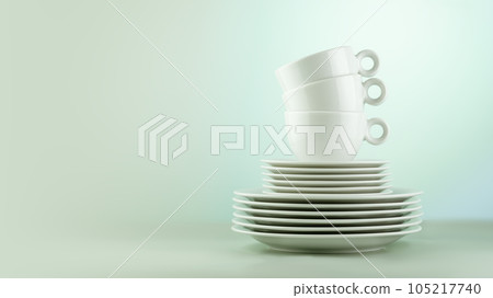 Clean, empty white dishes and cups on blue gradient background. Eco friendly washing dishes and cleaning. Dishes, porcelain background. Front view, copy space Clean, empty white dishes and cups on blue gradient background. Eco friendly washing dishes and cleaning. Dishes, porcelain background. Front view, copy space 105217740