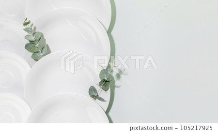 Clean, empty white dishes with eucalyptus twigs on blue background with copy space. Eco friendly washing dishes and cleaning. Dishes, porcelain background. Flat lay Clean, empty white dishes with eucalyptus twigs on blue background with copy space. Eco friendly washing dishes and cleaning. Dishes, porcelain background. Flat lay 105217925