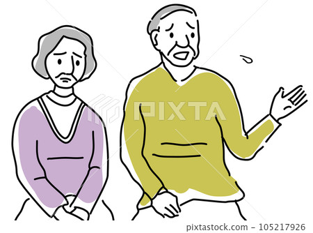 A simple line drawing of a senior couple who consults with a troubled expression 105217926