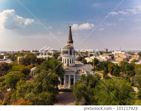 View of the Transfiguration Cathedral in Odessa before a Russian missile hit. Beautiful top view of the central cathedral in Odessa. Cathedral before destruction. Top view of Odessa in autumn. View of the Transfiguration Cathedral in Odessa before a Russian missile hit. Beautiful top view of the central cathedral in Odessa. Cathedral before destruction. Top view of Odessa in autumn. 105217928