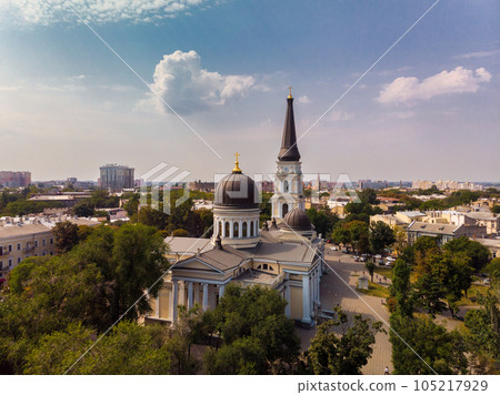 View of the Transfiguration Cathedral in Odessa before a Russian missile hit. Beautiful top view of the central cathedral in Odessa. Cathedral before destruction. Top view of Odessa in autumn. View of the Transfiguration Cathedral in Odessa before a Russian missile hit. Beautiful top view of the central cathedral in Odessa. Cathedral before destruction. Top view of Odessa in autumn. 105217929