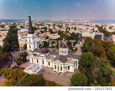 View of the Transfiguration Cathedral in Odessa before a Russian missile hit. Beautiful top view of the central cathedral in Odessa. Cathedral before destruction. Top view of Odessa in autumn. 105217931