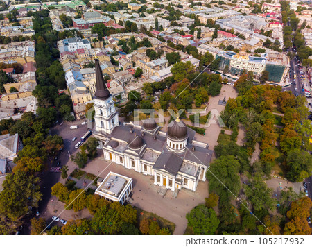 View of the Transfiguration Cathedral in Odessa before a Russian missile hit. Beautiful top view of the central cathedral in Odessa. Cathedral before destruction. Top view of Odessa in autumn. 105217932