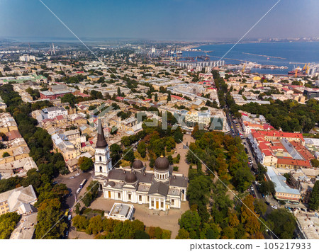 View of the Transfiguration Cathedral in Odessa before a Russian missile hit. Beautiful top view of the central cathedral in Odessa. Cathedral before destruction. Top view of Odessa in autumn. 105217933
