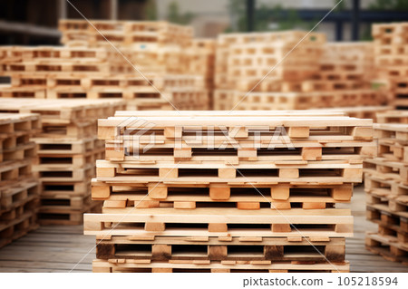 Stack of wooden pallet. Industrial wood pallet at factory warehouse. Cargo and shipping. Sustainability of supply chains. Eco-friendly and sustainable properties. Renewable wood pallet. Generative AI. 105218594