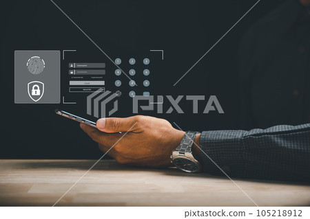 Secure your personal financial data with futuristic biometric fingerprint scanner on smartphone. Surveillance and security scanning of digital programs cyber applications. privacy identity protection. 105218912