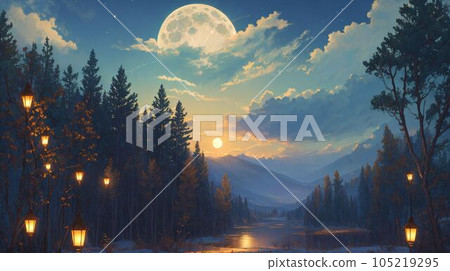 月光下的森林和河流 105219295