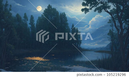 安靜的夜晚森林和湖邊 105219296