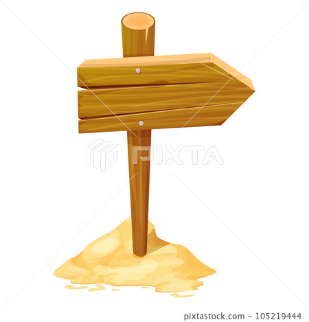 Wooden pointer, directional sign with sand in cartoon style isolated on white background. Summer, sea holiday plank. Wooden pointer, directional sign with sand in cartoon style isolated on white background. Summer, sea holiday plank. 105219444