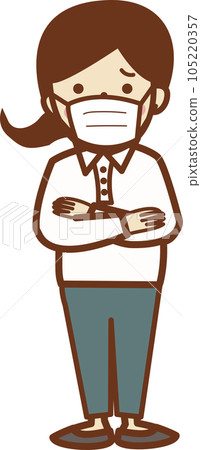A woman in work clothes with a troubled face wearing a mask A woman in work clothes with a troubled face wearing a mask 105220357